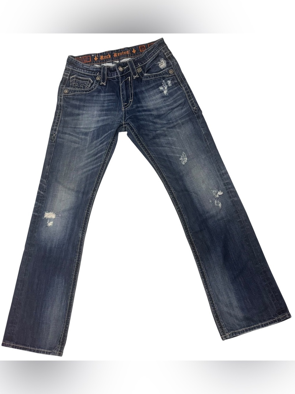 Rock Revival Mick Boot Jeans Men’s 31 Distressed Dark Wash Embroidered Pocket - Picture 3 of 6